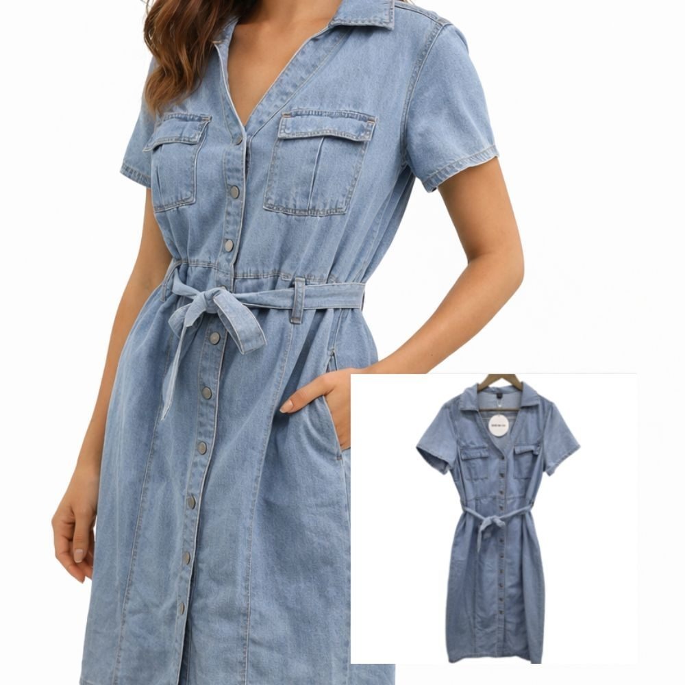 SHEIN Shirt Dress Chambray Button Front Belted Midi Blue NWT XL